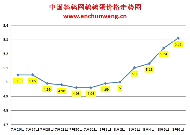 2024.8.6全国鹌鹑蛋价格：继续涨，均价5.31元