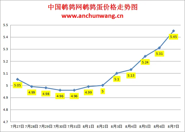 2024.8.7全国鹌鹑蛋价格：继续涨，均价5.45元