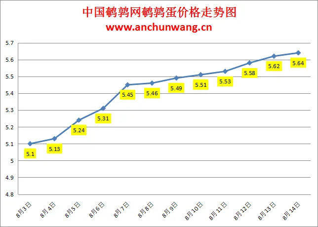 2024.8.14全国鹌鹑蛋价格：局部涨，均价5.64元