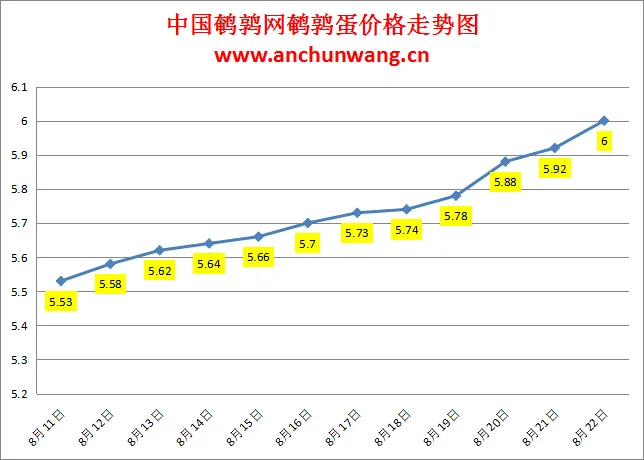 2024.8.22全国鹌鹑蛋价格：多地涨，均价6.0元