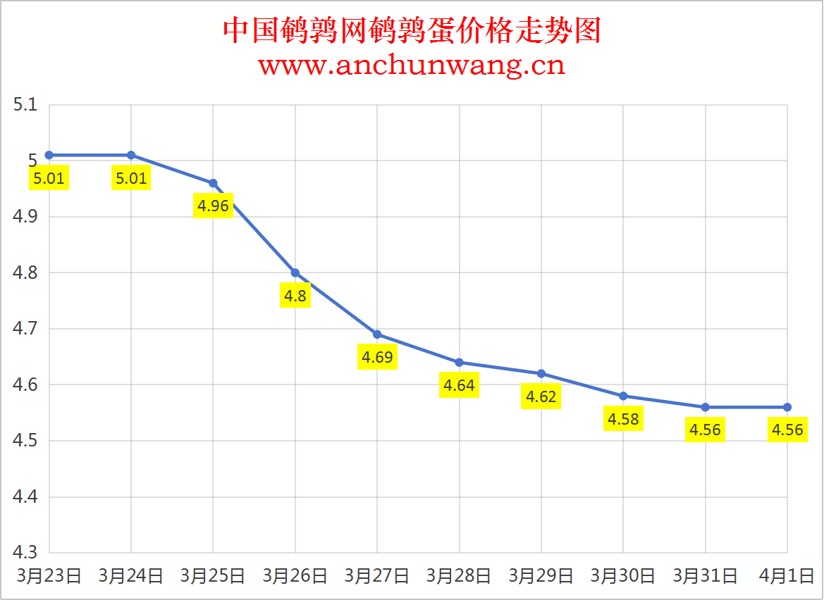2025年4月1日全国鹌鹑蛋价格：均价4.56元 稳为主