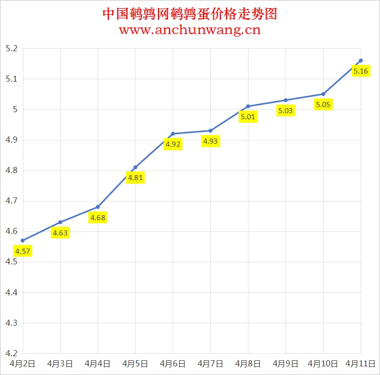 2025年4月11日全国鹌鹑蛋价格：均价5.16元  多地涨