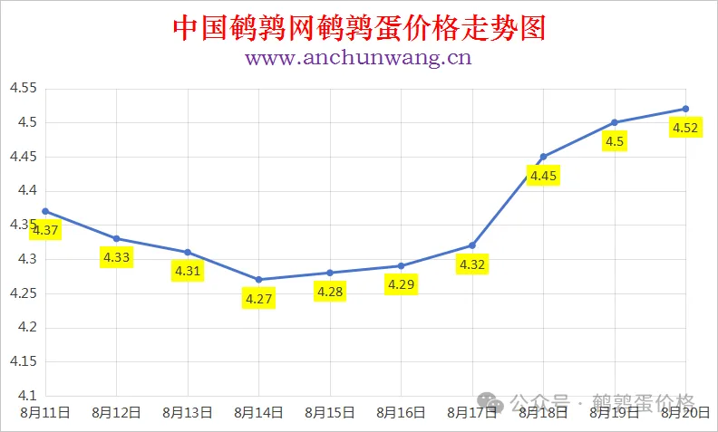 2025年8月20日中国鹌鹑网全国鹌鹑蛋价格涨跌表：均价4.52元 局部上涨