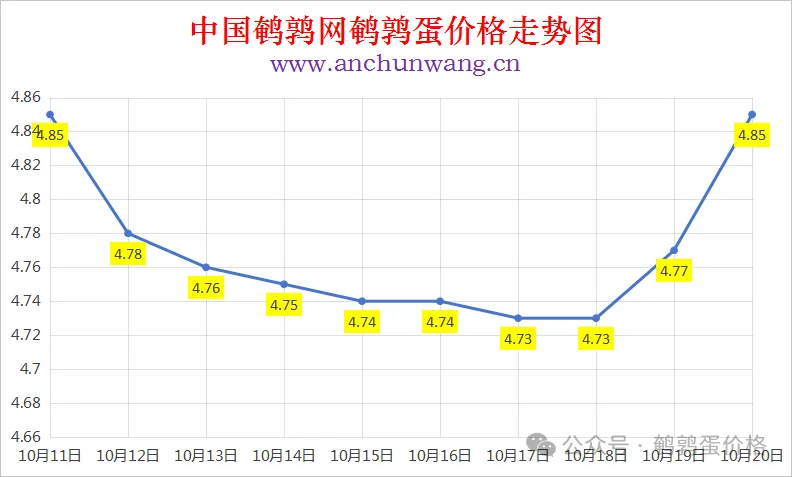 2025年10月20日中国鹌鹑网全国鹌鹑蛋价格涨跌表：均价4.85元 多地涨