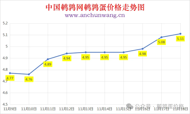 2025年11月18日全国鹌鹑蛋价格涨跌表：均价5.11元 继续涨